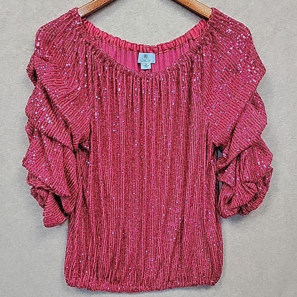 CeCe Womens Size Medium Pink Sequins Top Blouse Ruched 3/4 Sleeves Elastic Waist
